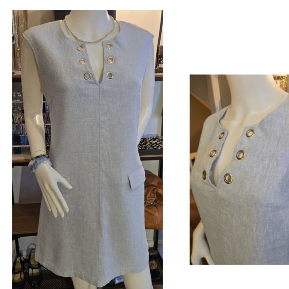 NWOT Blue Linen Cotton Gromet Shift Dress Small
